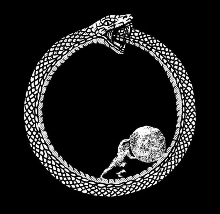 Sisyphus pushing the boulder